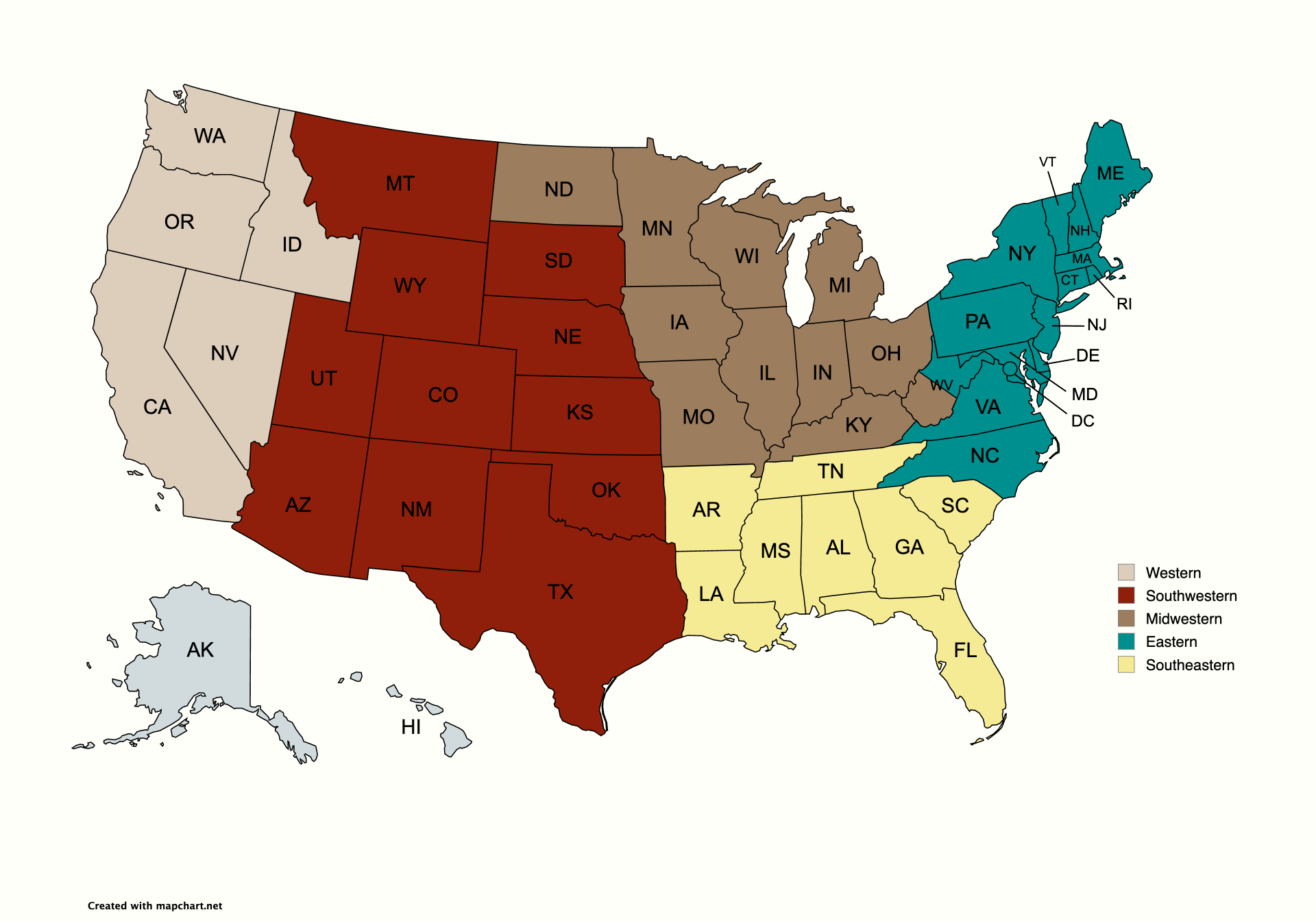 US Map showing the five regions of the Archaeological Conservancy