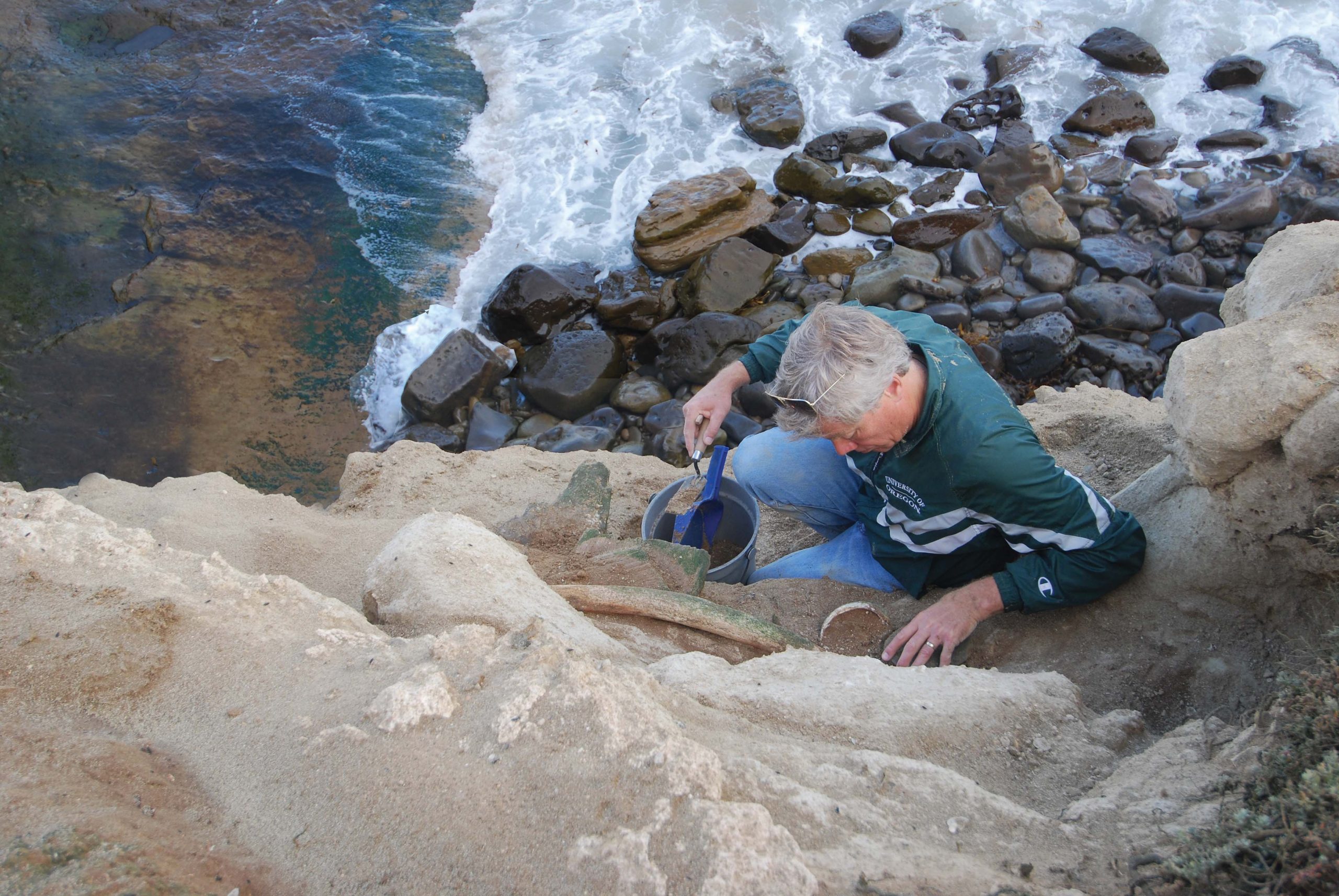 Archaeologist Jon Erlandson excavates the redwood boxes from a cliffside on San Nicolas Island in 2010. Photo: René Vellanoweth / California State University, Los Angeles