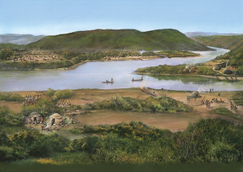 An artist's interpretation of Native American inhabitants near the confluence of the Susquehanna and Lackawanna rivers, circa A.D. 200. Illustration by Steve Patricia.